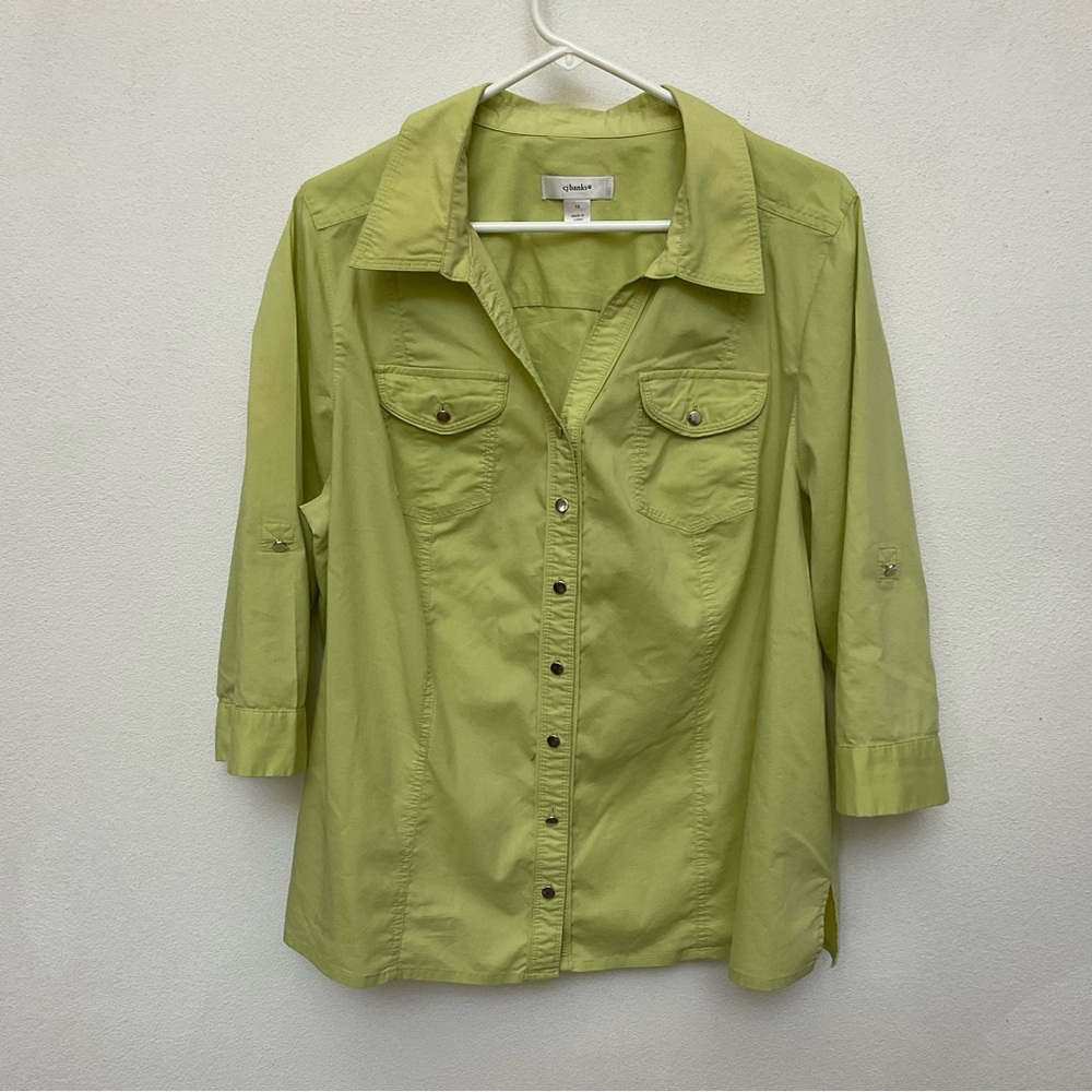 CJ Banks Lime Button Down Tab Sleeve Blouse Size 1X Spring Work Career Light